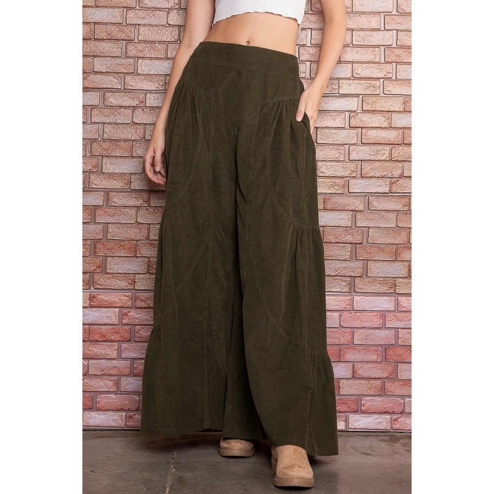 Blue Velvet Ultra Wide Leg Corduroy Pull On Pants in Dark Olive - Picture 3 of 9
